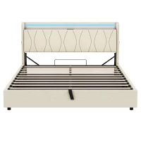 5ft King Upholstered Bed Frame with Hydraulic Storage and Charging Station, RGB LED Bed Base for Living Room, 220L x 155W x 105H cm, Beige(m-2)