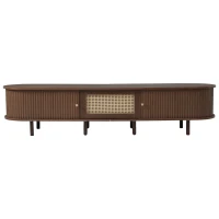 Oval TV Unit with Rattan Drawer and 2 Sliding Doors, Rounded Corner Sideboard,TV Stand Suitable for 70-inch TV, 180L x 40W x 40H cm, Oak(m-2)