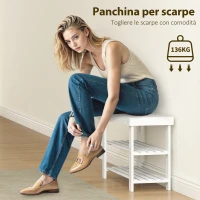 HOMCOM Panca Scarpiera Bassa in Bambù con 2 Ripiani a Doghe e Seduta, 70x28x45 cm, Bianco(m-5)