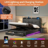 Double Ottoman Upholstered Bed Frame with Hydraulic Storage, 2 Drawers, Side Pockets, Headboard for Living Room, 203L x 138W x 111H cm, Grey(m-5)