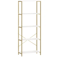 HOMCOM 5-Tier Bookshelf, Modern Bookcase with Metal Frame - White and Gold Tone(m-1)