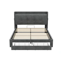 Double Ottoman Upholstered Bed Frame with Hydraulic Storage, 2 Drawers, Side Pockets, Headboard for Living Room, 203L x 138W x 111H cm, Grey(m-2)