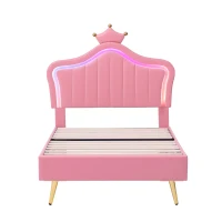 3ft Single Upholstered Bed with Adjustable Crown Headboard, PU Leather Platform, Bed Base for Living Room, 194L x 103W x 125H cm, Pink(m-11)