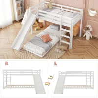 Children's Cabin Bunk Bed with Slide and Ladder, Space-Saving Customisable Layout, Adjustable Tier for Living Room, 207L x 215W x 110H cm, White(m-4)
