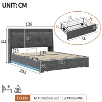 Double Ottoman Upholstered Bed Frame with Hydraulic Storage, 2 Drawers, Side Pockets, Headboard for Living Room, 203L x 138W x 111H cm, Grey(m-3)