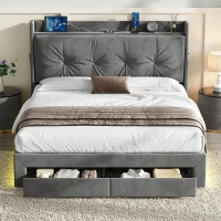 Double Ottoman Upholstered Bed Frame with Hydraulic Storage, 2 Drawers, Side Pockets, Headboard for Living Room, 203L x 138W x 111H cm, Grey(m-8)