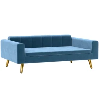 PawHut Dog Sofa Dog Bed Scandinavian Design Plush Cushion Gold Metal Legs 94 x 59.5 x 31.5 cm Silky Velvet Blue(m-1)