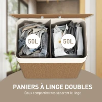 HOMCOM Panier à linge double avec couvercle, panier à linge en bambou 100 L avec poignées en corde(m-4)