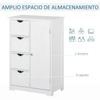 kleankin Armario Auxiliar de Baño Mueble para Baño con Puerta 4 Cajones y Estante Ajustable para Cocina Salón 56x30x83 cm Blanco(m-5)