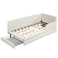 Upholstered 3ft Single Bed with Storage Drawer and Fitted Side Rails, Velvet Upholstery Daybed for Compact Room, 205.5L x 80W x 98H cm, Beige(m-10)