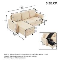 3-seater L-Shaped Sofa Bed with Reversible Chaise, USB and Type-C Charging, Convertible Sleeper for Living Room, 180L x 120W x 72H cm, Beige(m-3)