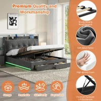 5ft King Ottoman Bed Frame with Two Drawers and Side Pockets, Velvet Upholstered Headboard for Living Room, 213L x 155W x 111H cm, Grey(m-6)