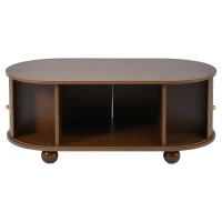 Oval Coffee Table with 2 Sliding Doors, Hidden Centre Compartment, Rounded Corners, Desk with Fingerprint‑resistant MDF, 100L x 50W x 40H cm, Oak(m-10)