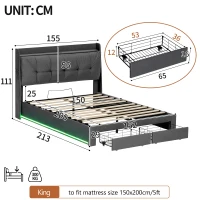 5ft King Ottoman Bed Frame with Two Drawers and Side Pockets, Velvet Upholstered Headboard for Living Room, 213L x 155W x 111H cm, Grey(m-3)