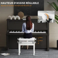 HOMCOM Banc de piano, banc de clavier réglable en hauteur en bois massif, siège rembourré, 64 x 35 x 45-55 cm, blanc(m-4)