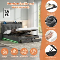 Double Ottoman Upholstered Bed Frame with Hydraulic Storage, 2 Drawers, Side Pockets, Headboard for Living Room, 203L x 138W x 111H cm, Grey(m-6)