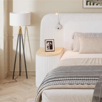 Upholstered 4ft6 Double Bed with Built‑in Bedside Reading Light, Matching Bedside Table, Sleeper for Living Room, 205L x 91W x 200.5H cm, Beige(m-7)