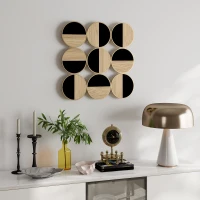 HOMCOM Geometrisches dekoratives Wandbild Modernes 3D-Wandornament 60x60 cm mit Kunststoffspiegel, Schwarz und Naturholz(m-2)