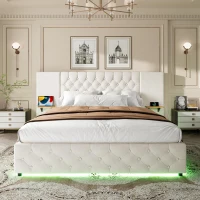 Modern Bed Frame with Wide Button-Tufted Headboard, Integrated LED Lighting, Bed Base with USB-C Ports, 209L x 221W x 103H cm, Beige(m-9)