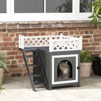 PawHut Maison pour chat niche pour chat à 2 étages avec balcon escaliers en bois massif 67,5 x 63 x 68,5 cm gris(m-10)