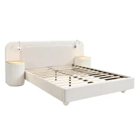 Upholstered 4ft6 Double Bed with Built‑in Bedside Reading Light, Matching Bedside Table, Sleeper for Living Room, 205L x 91W x 200.5H cm, Beige(m-10)