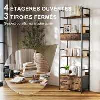 HOMCOM Bibliothèque étagère de rangement à 6 niveaux avec 4 étagères, 3 tiroirs en tissu, 60x30x176cm, brun rustique(m-4)