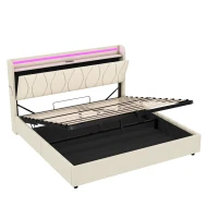 5ft King Upholstered Bed Frame with Hydraulic Storage and Charging Station, RGB LED Bed Base for Living Room, 220L x 155W x 105H cm, Beige(m-11)