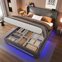 Modern Storage Bed Frame with Integrated Reading Lamps, Bed Base with USB and Type-C Charging Ports, 199L x 142W x 106H cm, Dark Gray(m-1)
