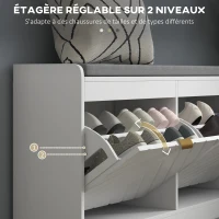 HOMCOM Banc à chaussures, banc de rangement, assise rembourrée, tiroir rabattable, porte avec motif 106 x 24 x 52,5 cm, blanc(m-5)