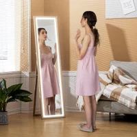 HOMCOM Grand miroir pleine longueur, miroir mural ou sur pied rectangulaire, 40 x 160 cm avec éclairage LED 3 couleurs, chêne(m-10)