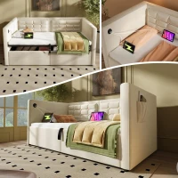 3ft Upholstered Single Sofa Bed with USB and Type-C Charging Station, Under-bed Storage with Side Pockets, 205L x 106W x 75H cm, Beige(m-6)