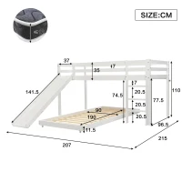 Children's Cabin Bunk Bed with Slide and Ladder, Space-Saving Customisable Layout, Adjustable Tier for Living Room, 207L x 215W x 110H cm, White(m-3)