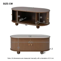 Oval Coffee Table with 2 Sliding Doors, Hidden Centre Compartment, Rounded Corners, Desk with Fingerprint‑resistant MDF, 100L x 50W x 40H cm, Oak(m-7)