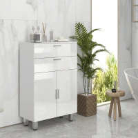 kleankin Meuble de salle de bain avec 2 tiroirs placard à double porte et étagères réglables 60 x 30 x 93 cm blanc brillant(m-10)