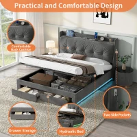 5ft King Ottoman Bed Frame with Two Drawers and Side Pockets, Velvet Upholstered Headboard for Living Room, 213L x 155W x 111H cm, Grey(m-4)