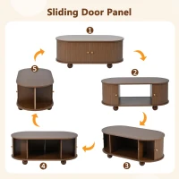 Oval Coffee Table with 2 Sliding Doors, Hidden Centre Compartment, Rounded Corners, Desk with Fingerprint‑resistant MDF, 100L x 50W x 40H cm, Oak(m-6)