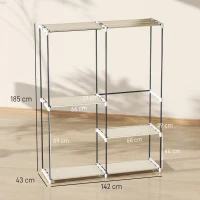 HOMCOM Armário de Roupa Aberto 142x43x185 cm Armário para Roupas com 4 Prateleiras de Tecido 3 Barras para Pendurar Creme(m-3)