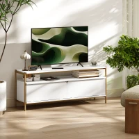 HOMCOM Meuble TV meuble télé pour téléviseur jusqu'à 55 pouces avec 2 portes rabattables et étagère ouverte, 124x35x50cm, blanc(m-10)