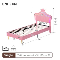 3ft Single Upholstered Bed with Adjustable Crown Headboard, PU Leather Platform, Bed Base for Living Room, 194L x 103W x 125H cm, Pink(m-3)