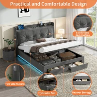 Double Ottoman Upholstered Bed Frame with Hydraulic Storage, 2 Drawers, Side Pockets, Headboard for Living Room, 203L x 138W x 111H cm, Grey(m-4)