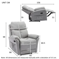 Adjustable Pull‑tab Recliner with Side Storage Pocket, Metal Frame, Padded Cushions, High‑back Armchair for the Elderly, 82L x 86W x 99H cm, Gray(m-3)