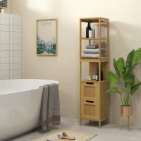 kleankin Meuble Colonne Rangement Salle de Bain Style Cosy dim. 30L x 30l x 144H cm 3 étagères 2 tiroirs Bambou(m-10)