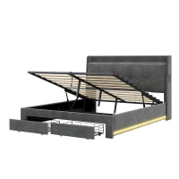 Double Ottoman Upholstered Bed Frame with Hydraulic Storage, 2 Drawers, Side Pockets, Headboard for Living Room, 203L x 138W x 111H cm, Grey(m-11)