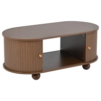 Oval Coffee Table with 2 Sliding Doors, Hidden Centre Compartment, Rounded Corners, Desk with Fingerprint‑resistant MDF, 100L x 50W x 40H cm, Oak(m-11)