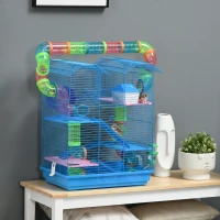 PawHut Cage pour Hamster Souris Petit Animaux Rongeur avec Tunnel Mangeoire Roue Jouet 47 x 30 x 59 cm Bleu(m-10)