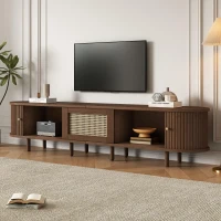 Oval TV Unit with Rattan Drawer and 2 Sliding Doors, Rounded Corner Sideboard,TV Stand Suitable for 70-inch TV, 180L x 40W x 40H cm, Oak(m-1)