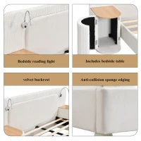 Upholstered 4ft6 Double Bed with Built‑in Bedside Reading Light, Matching Bedside Table, Sleeper for Living Room, 205L x 91W x 200.5H cm, Beige(m-5)