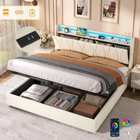 5ft King Upholstered Bed Frame with Hydraulic Storage and Charging Station, RGB LED Bed Base for Living Room, 220L x 155W x 105H cm, Beige(m-7)