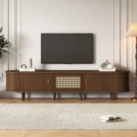 Oval TV Unit with Rattan Drawer and 2 Sliding Doors, Rounded Corner Sideboard,TV Stand Suitable for 70-inch TV, 180L x 40W x 40H cm, Oak(m-9)