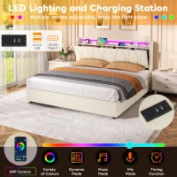 5ft King Upholstered Bed Frame with Hydraulic Storage and Charging Station, RGB LED Bed Base for Living Room, 220L x 155W x 105H cm, Beige(m-5)